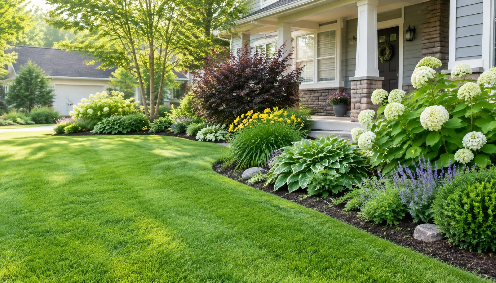 Well-kept front garden with crisp bed edges and a green lawn
